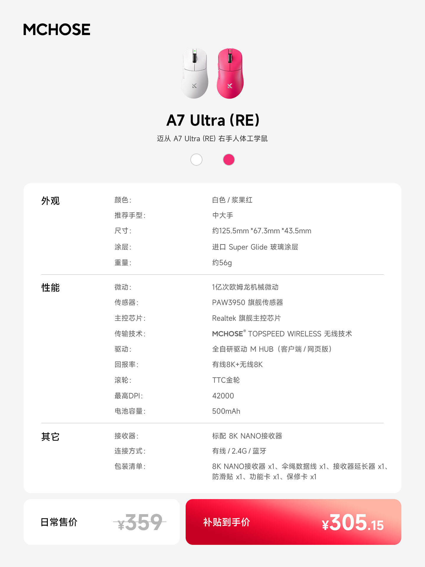 京东迈从 A7 Ultra (RE) 鼠标可享受 15% 国家补贴359 元直达链接