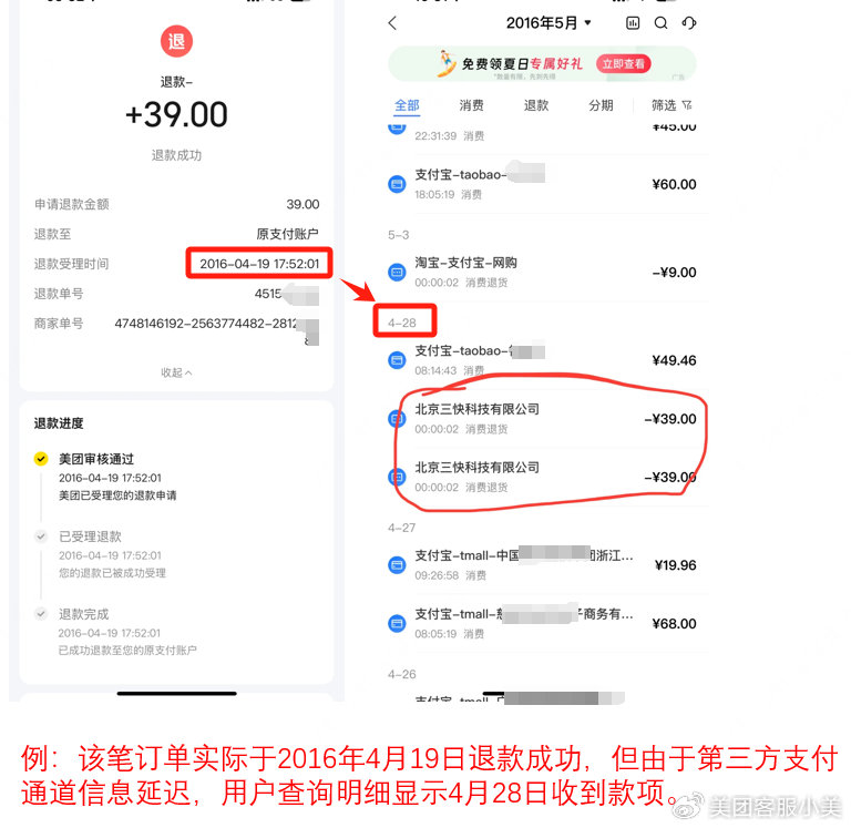 美团客服：已修复退款信息滞后问题，将帮助用户追溯每一笔担心的订单