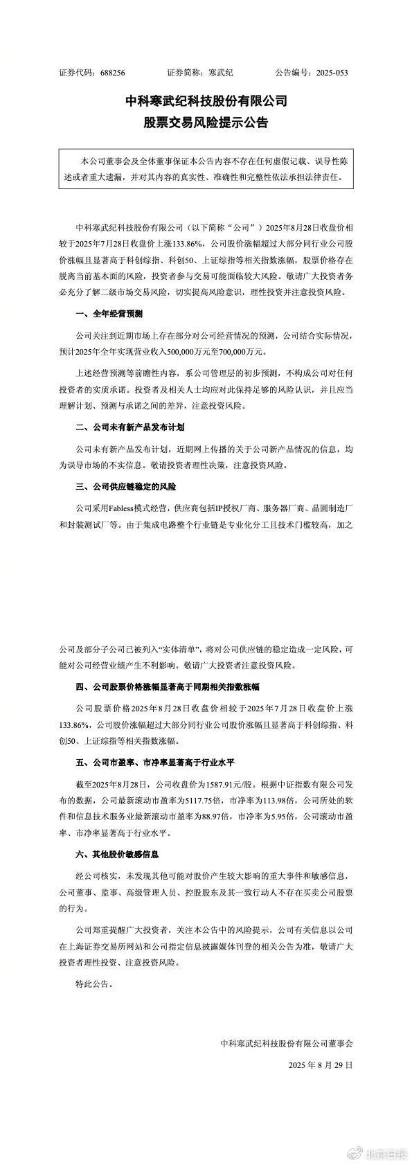 寒武纪公告