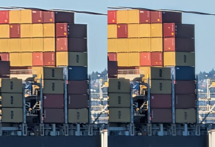 ▲ 放大 100 倍拍摄,左:未开启 Pro Res Zoom;右:开启 Pro Res Zoom