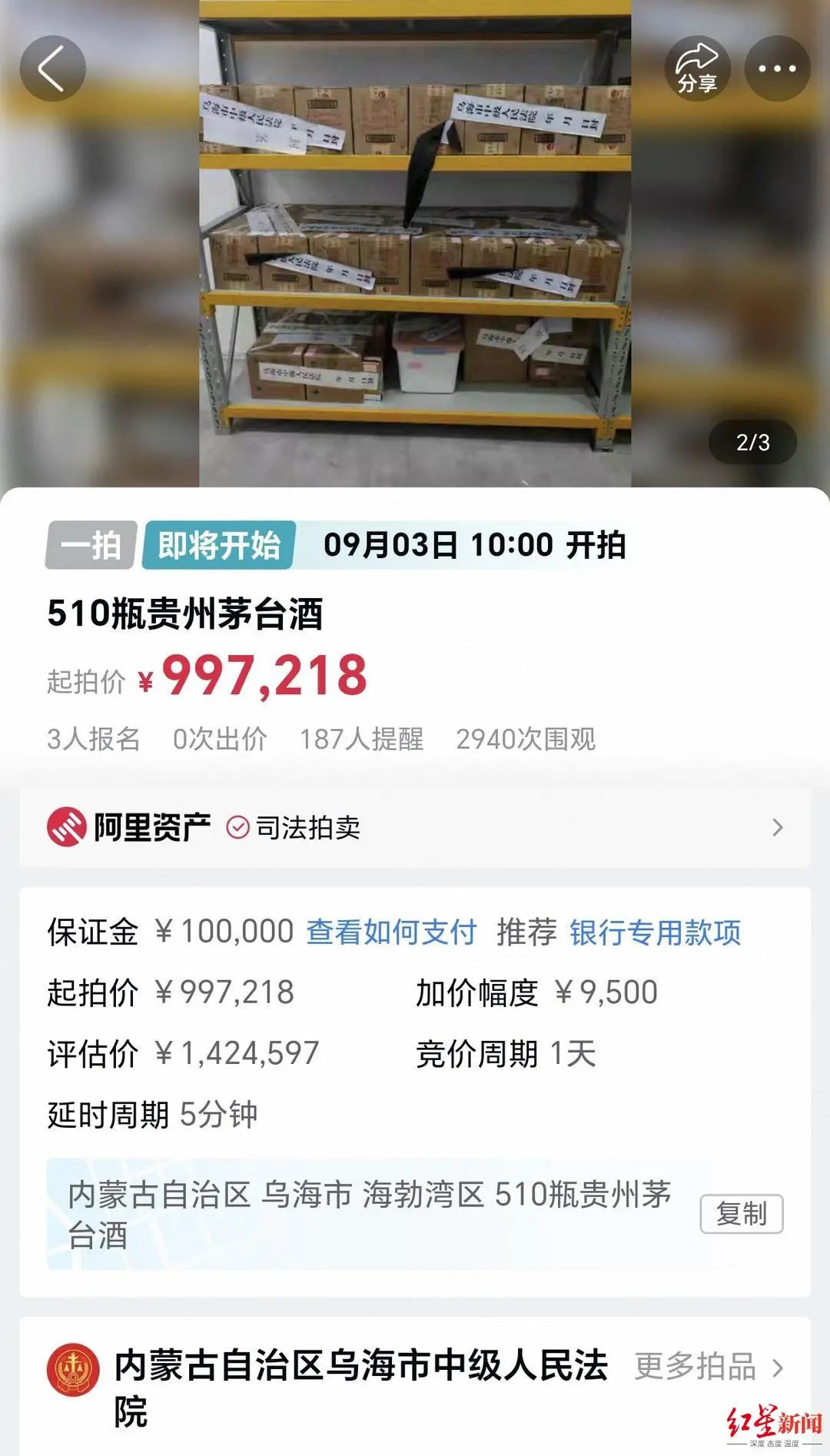 起拍价99.7万，510瓶茅台酒将被司法拍卖：包括8瓶30年茅台，属刑事移送资产，部分有瑕疵