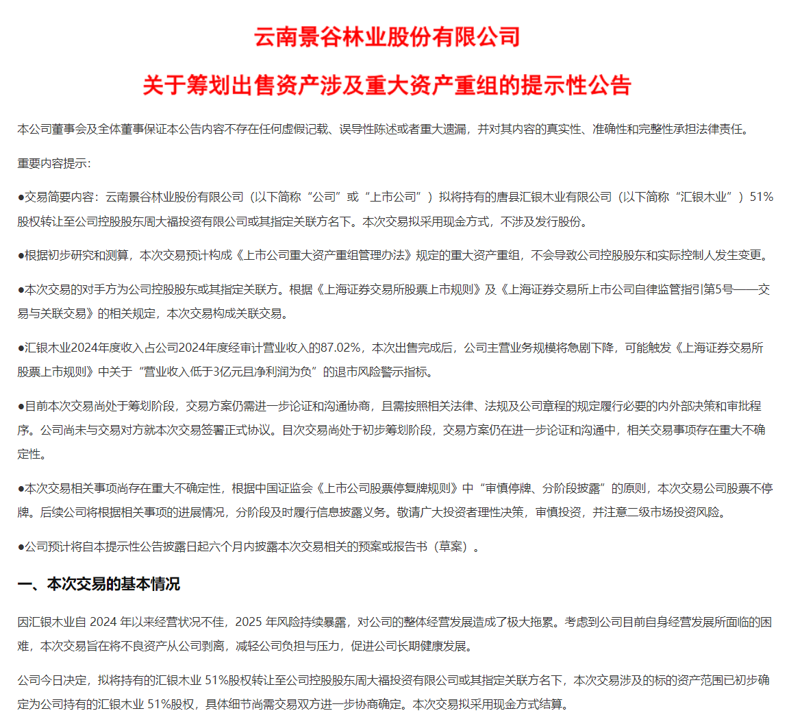 汇银木业复工复产尚无时间表 控股股东能否挽救ST景谷业绩？