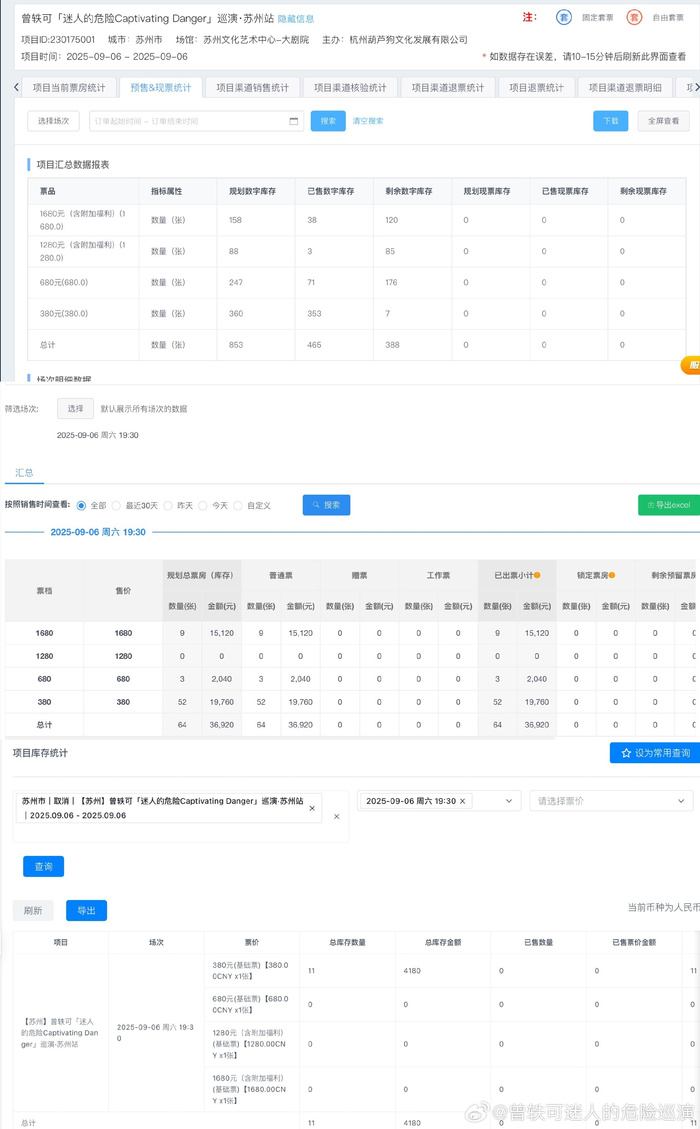 ● 曾轶可演出主办方在网络直接公开售票数据。图源：微博
