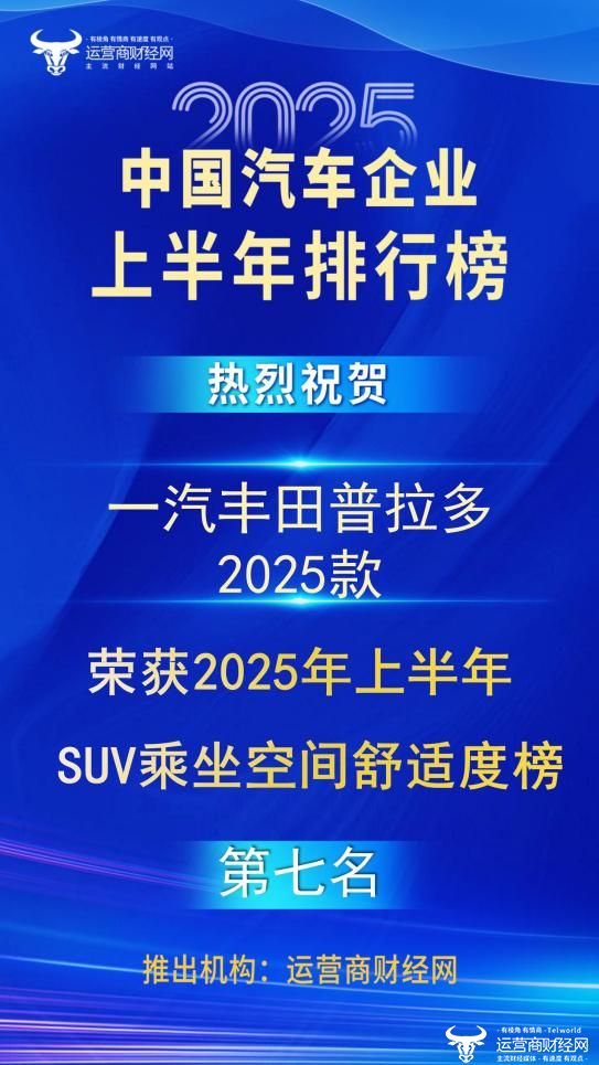 一汽丰田普拉多2025款列“2025年上半年SUV乘坐空间舒适度榜”第七名！