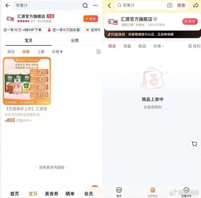 汇源与控股方矛盾升级,产品在天猫和抖音下架