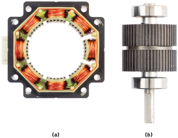 图1 混合式步进电机结构。(a) 8极定子。(b)永磁转子