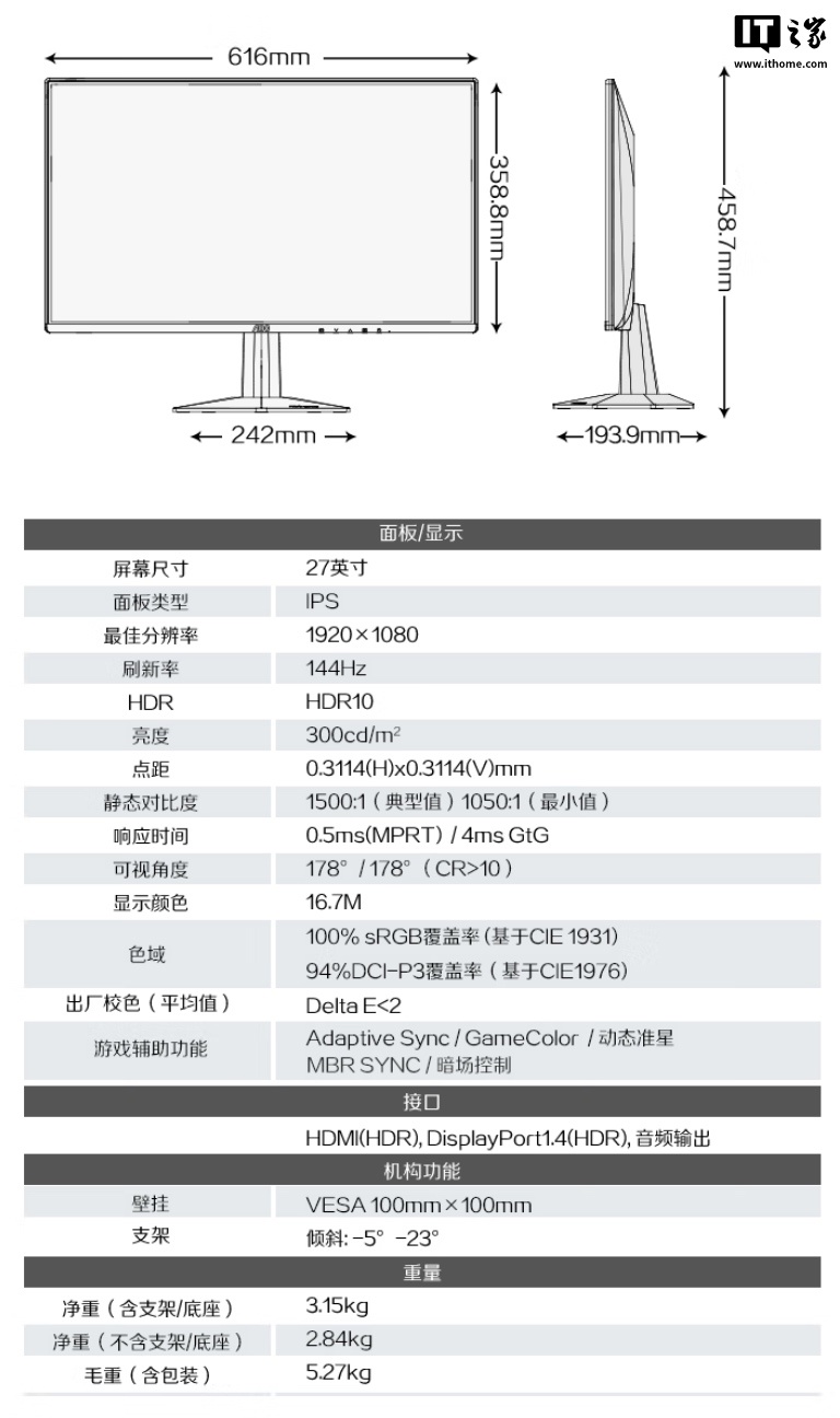 京东AOC “27G51F”显示器649 元直达链接