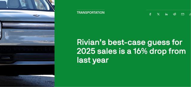 Rivian预计2025年销量不超4.35万辆，较去年下降16%