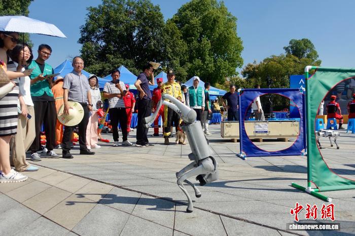 10月10日，救援機器狗展示技能，吸引民眾圍觀。中新社記者 錢晨菲 攝