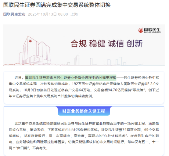 国联民生证券官微发布了本次系统整体切换的信息。