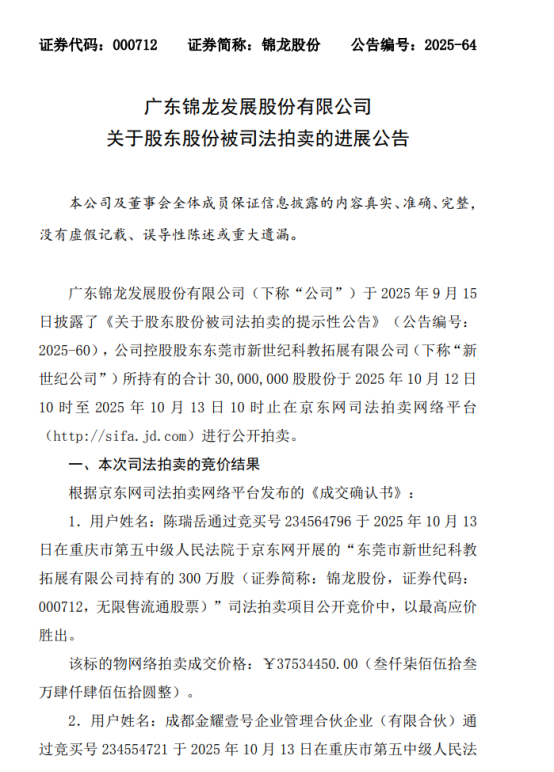 锦龙股份发布拍卖结果公告