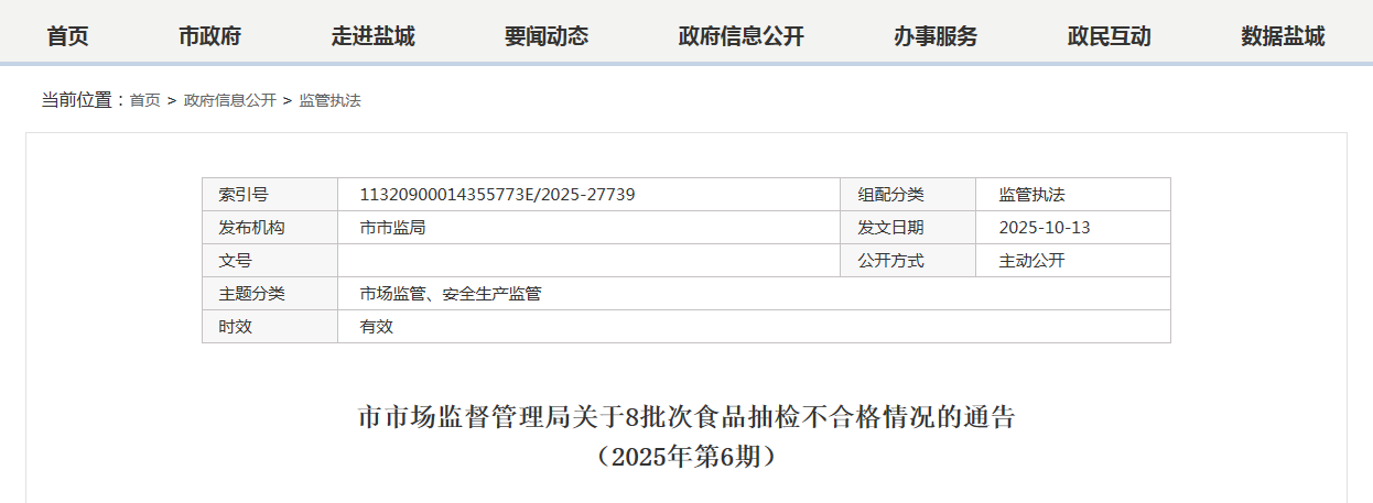 市市场监督管理局关于8批次食品抽检不合格情况的通告(2025年第6期)