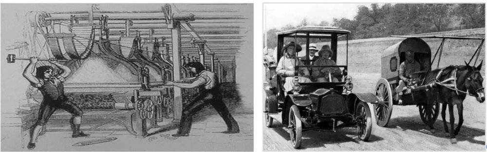 ▲左：盧德運動，1811 （Luddite Movement）；右：汽車替代馬車的時代啟示