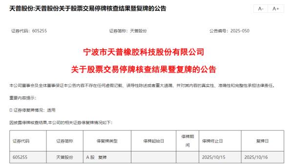 10月15日,天普股份发布复牌公告。