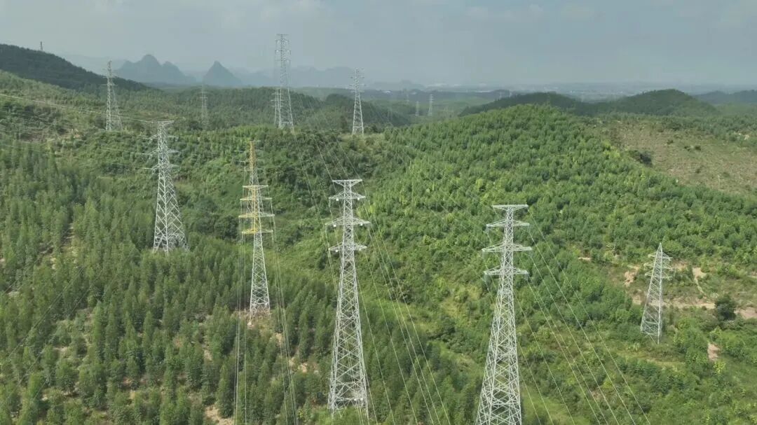 图为无人机巡视拍摄的110kV天堂变电站基杆塔画面