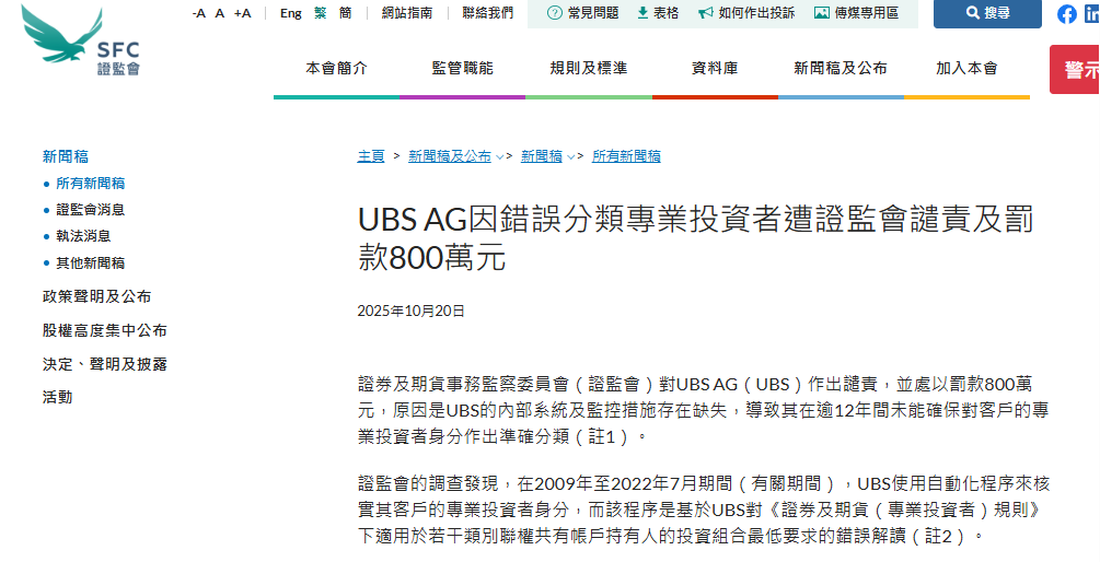 瑞银,遭香港证监会谴责、并罚款800万,因错误分类专业投资者
