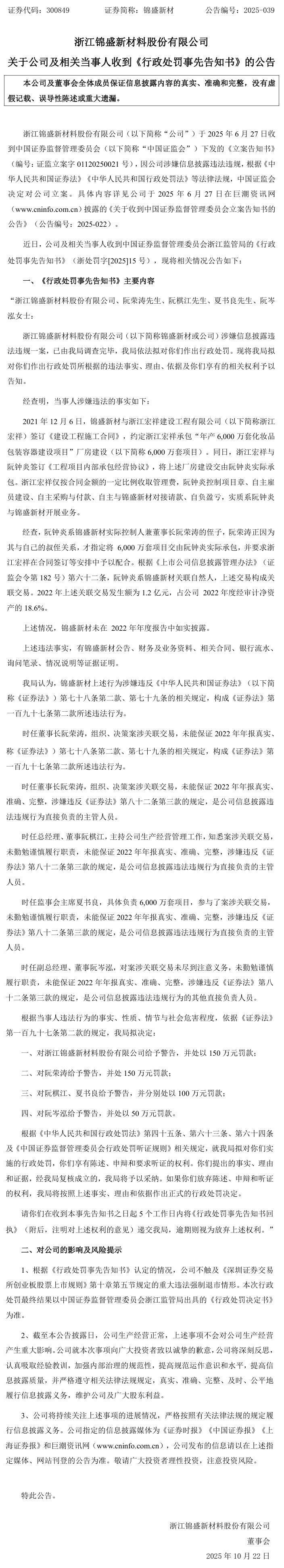 锦盛新材未披露关联交易被罚,符合条件受损股民可索赔