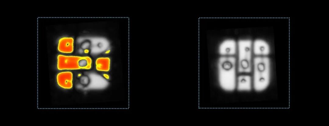 ▲通过超声波扫描测试，能够清晰呈现器件的内部结构。图中左图所示器件，其着色区域为缺陷部位