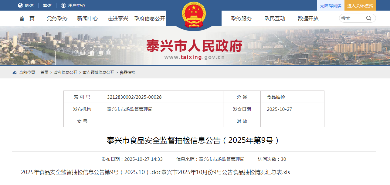 泰兴市食品安全监督抽检信息公告（2025年第9号）