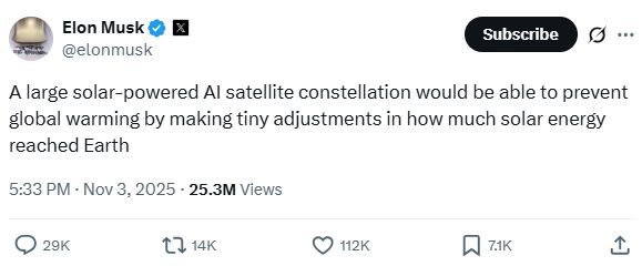 马斯克又产出一个疯狂提案:用AI卫星遮蔽太阳来对抗全球变暖?