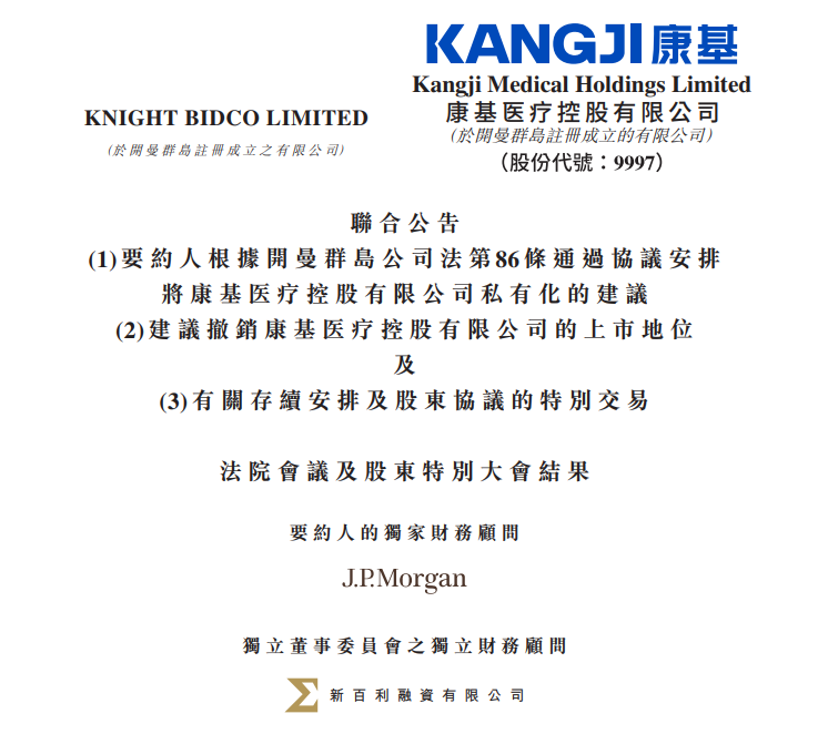 康基医疗(09997)通过私有化，将于12月9日退市