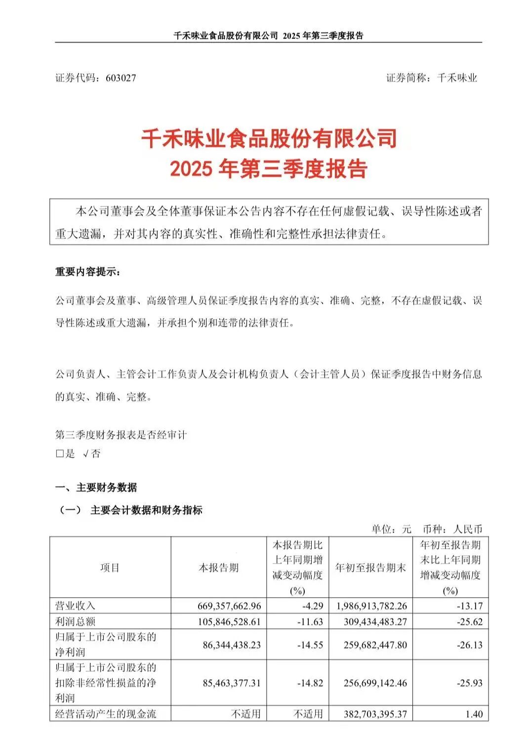 (千禾味业2025年第三季度报告)