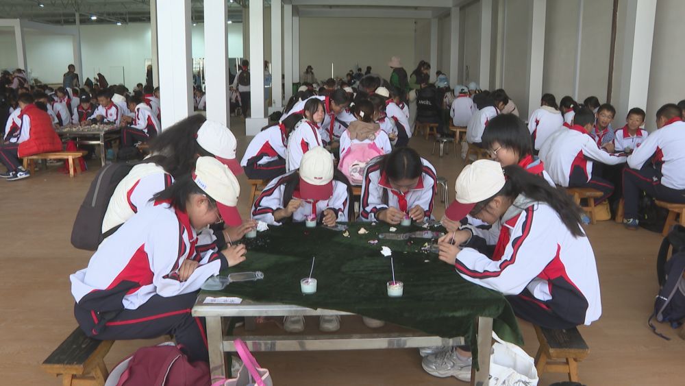 在丽江现代花卉产业园，同学们体验手工制作。（丽江融媒记者 和继鹏 摄）