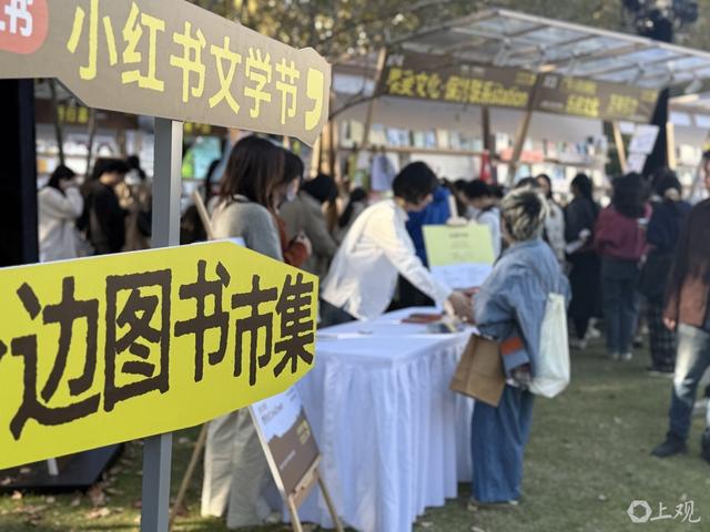草地上的“小红书文学节”，图书市集人头攒动。施晨露摄