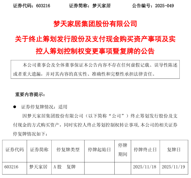 突发!603216 终止收购+控制权变更!明日复牌!