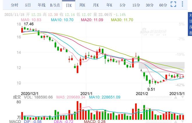 2020年12月1日至2021年3月1日，游族网络股价走势图 图片来源：新浪网网页截图