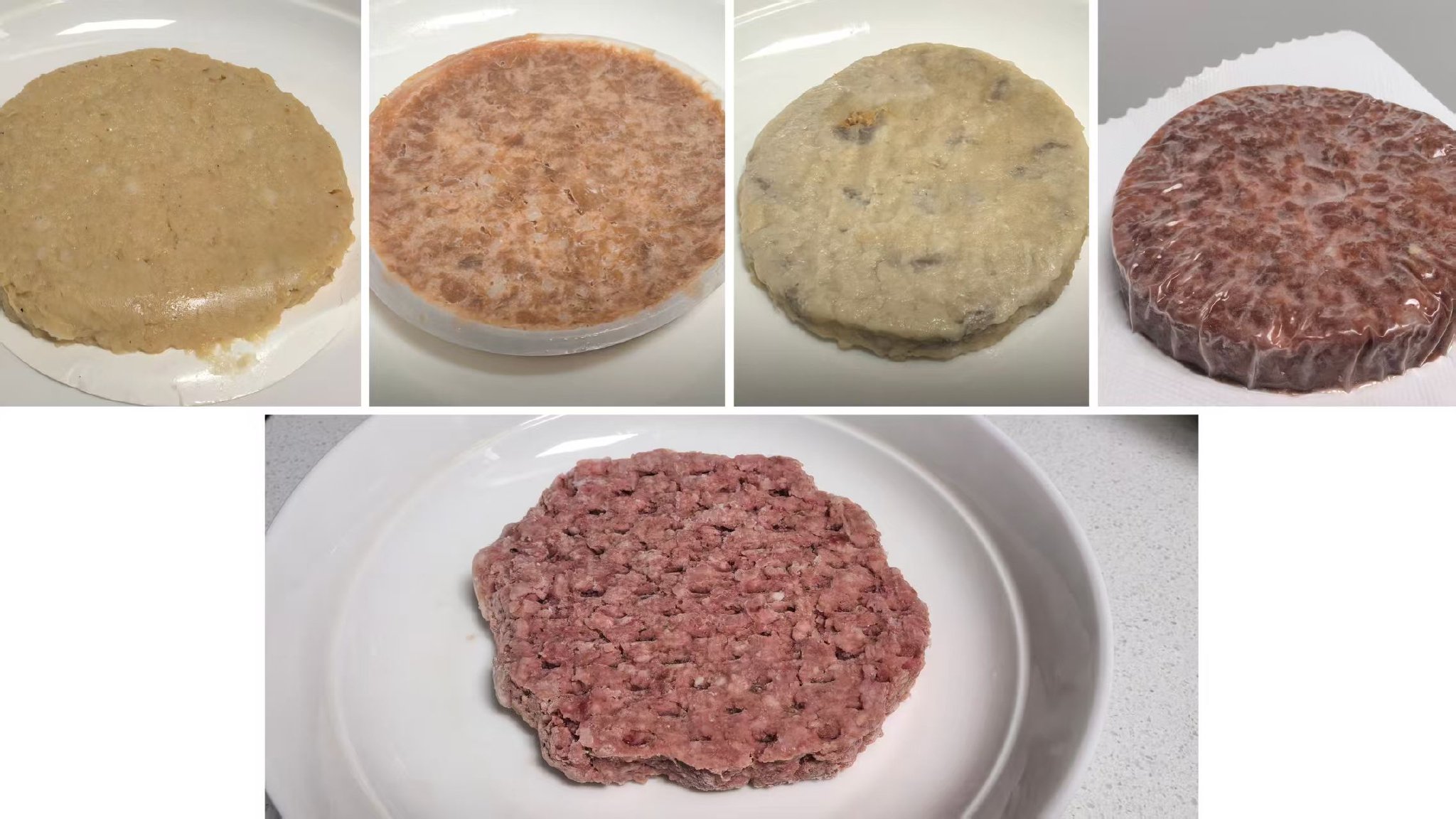 产品拆开第一层包装后的形态。上方从左至右为别样肉客、众素、爱之素、庖丁造肉植物肉，下方为真肉肉饼。 新京报记者 王思炀 摄