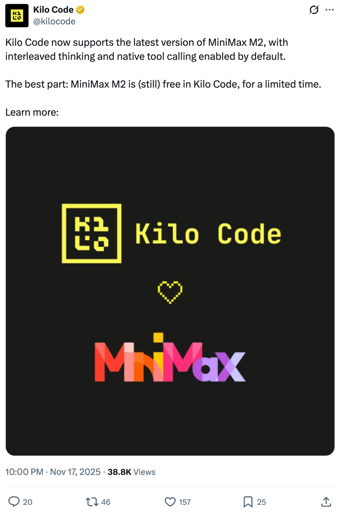 图源:https://x.com/kilocode/status/1990419655991652649?s=20