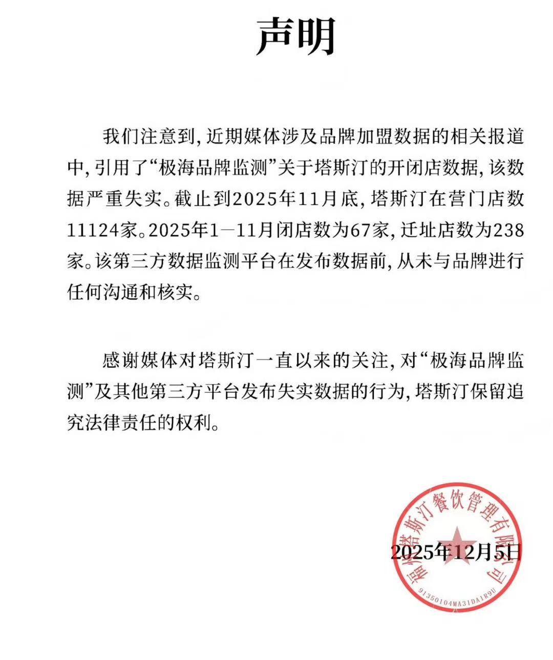 90天关了907家店?塔斯汀发声明否认