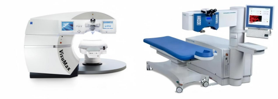 △ 蔡司VisuMax全飞秒激光手术系统（左）与阿玛仕1050RS准分子激光设备（右）