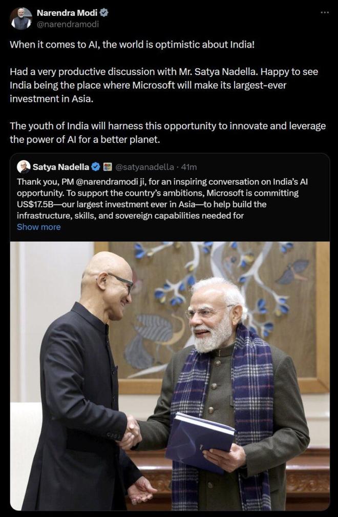 微软史上最大亚洲投资计划：在印豪掷175亿美元 兴建AI数据中心