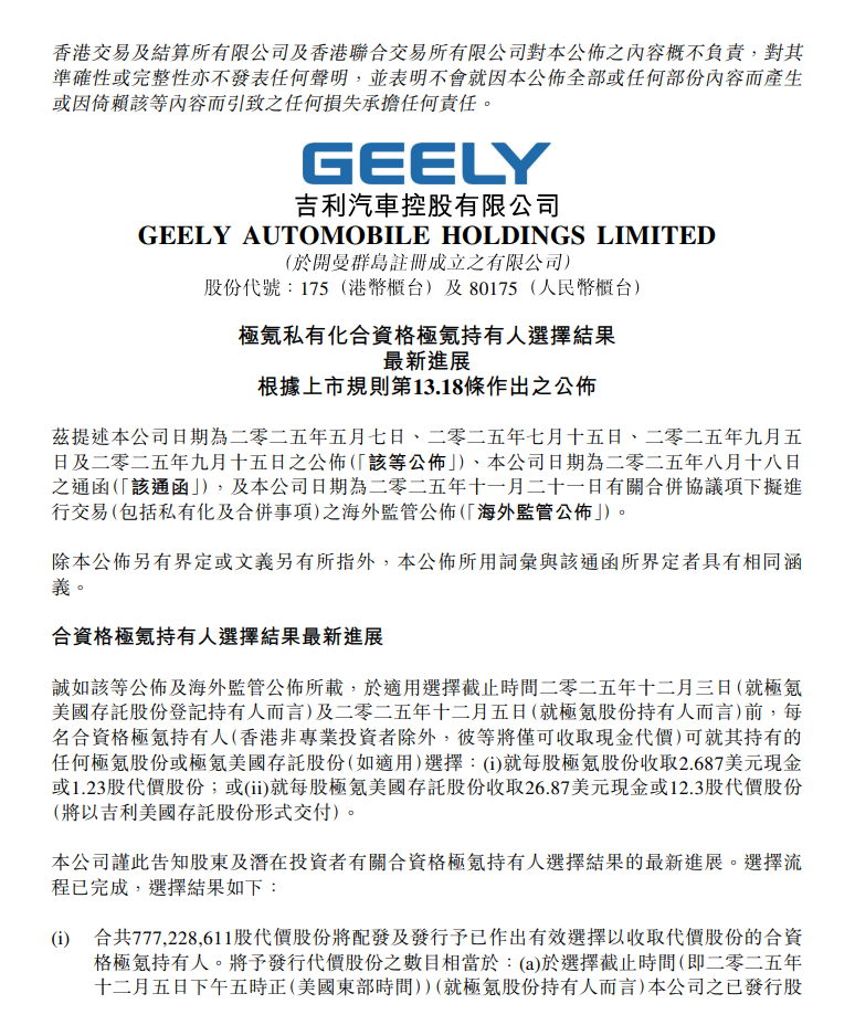 吉利汽车公布极氪持有人对价选择最终结果