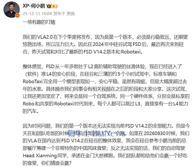 何小鹏立赌约：辅助驾驶赶不上特斯拉，负责人裸跑