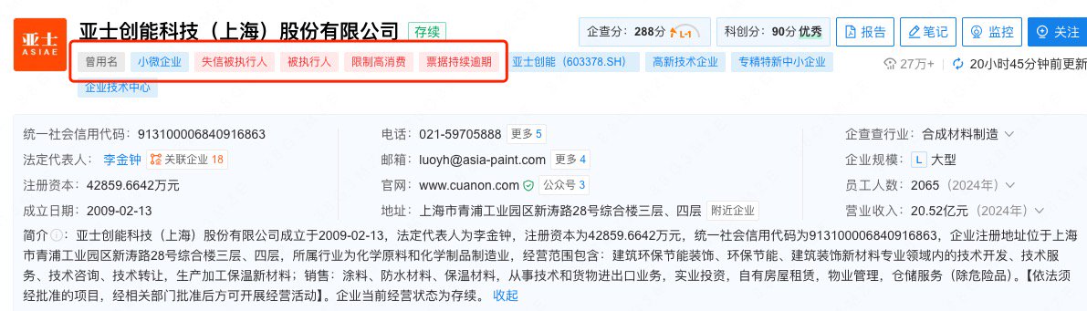 亚士创能实控人股份全冻结:员工持股“兜底”承诺引发诉讼