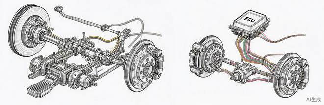 左为传统制动系统，右为EMB线控制动（图片由AI生成，仅供示意）