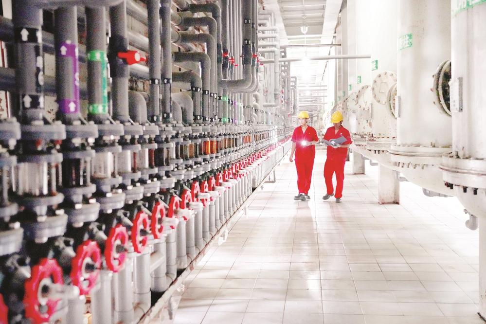 晨光生物甜菊糖精制车间员工在巡岗。 李卫国 摄