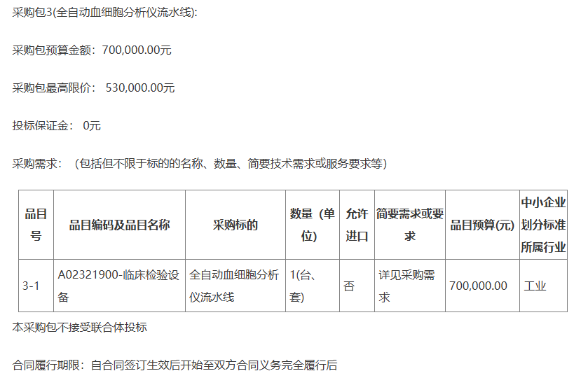 全自动血细胞分析仪的品目预算为70万元 图片来源：中国政府采购网