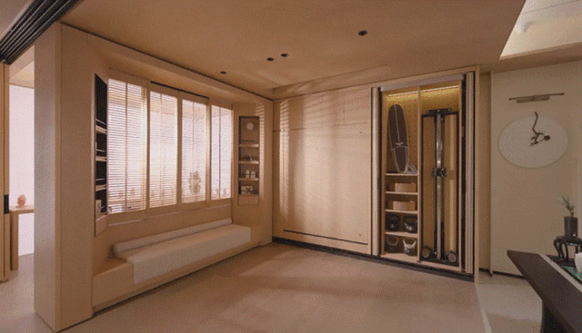 浙江“好房子”展中的隐形健身设备柜。兔宝宝供图