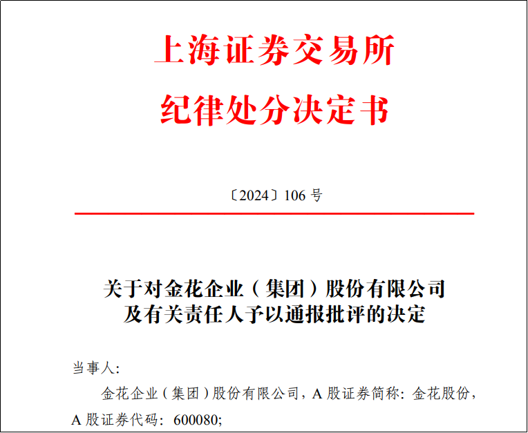 上交所发布《关于对金花企业（集团）股份有限公司及有关责任人予以通报批评的决定》（2024年6月18日）
