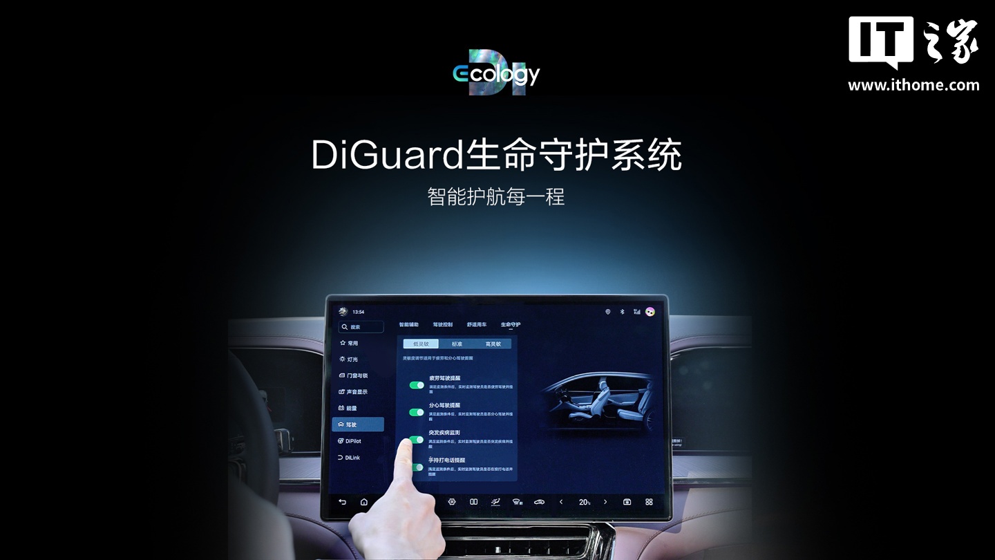 比亚迪腾势汽车搭载 DiGuard 生命守护系统，可联动华为穿戴设备实时监测生理指标