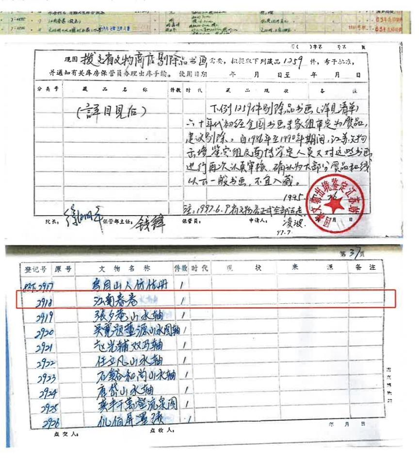 1997年5月8日,被认定为赝品的《江南春》图卷退出南京博物院馆藏记录(受访者供图)
