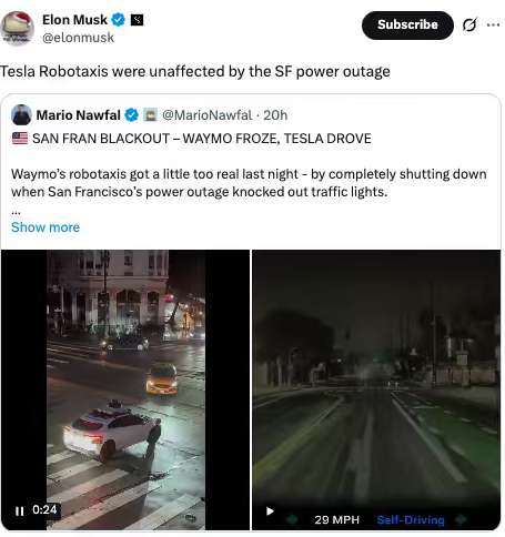 美国旧金山停电致 Waymo 自动驾驶出租车集体趴窝，马斯克称特斯拉不受影响