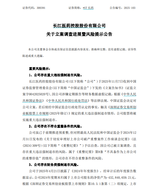 *ST长药：证监会调查尚在进行中，存重大违法强制退市等风险