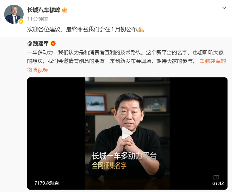 魏建军：全网征集「一车多动力」新平台命名