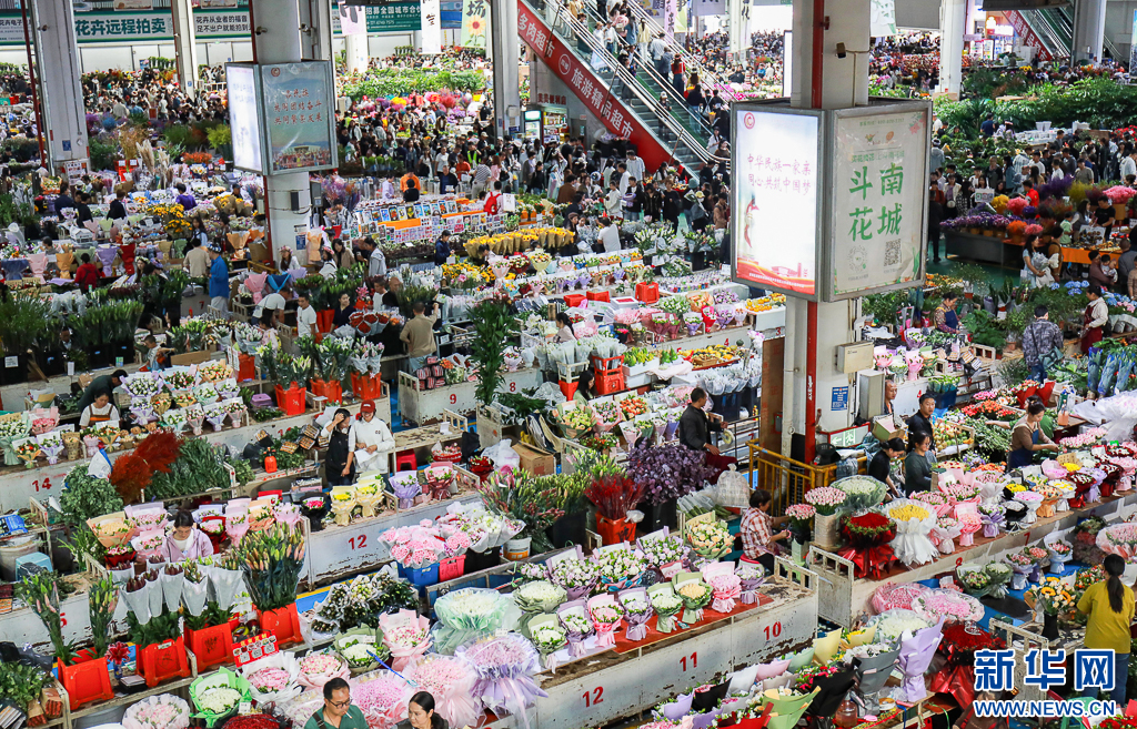 热闹的昆明斗南花卉市场（10月1日摄）。新华网发（郑益 摄）