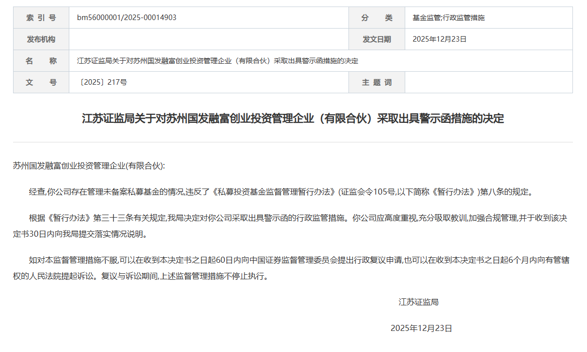 苏州国发融富被出具警示函，涉管理未备案私募基金